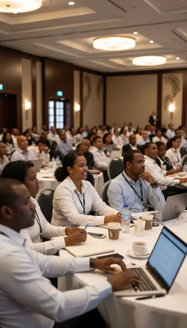 Professional audience listening during a business conference, Caribbean professionals, engaged expressions, notebooks and laptops visible, warm lighting, realistic.
