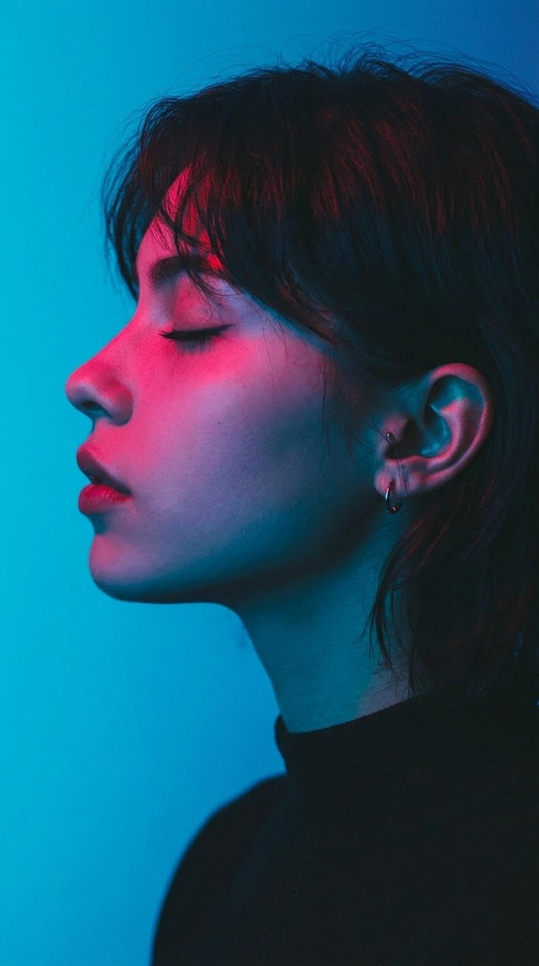 A serene face with closed eyes, bathed in neon light