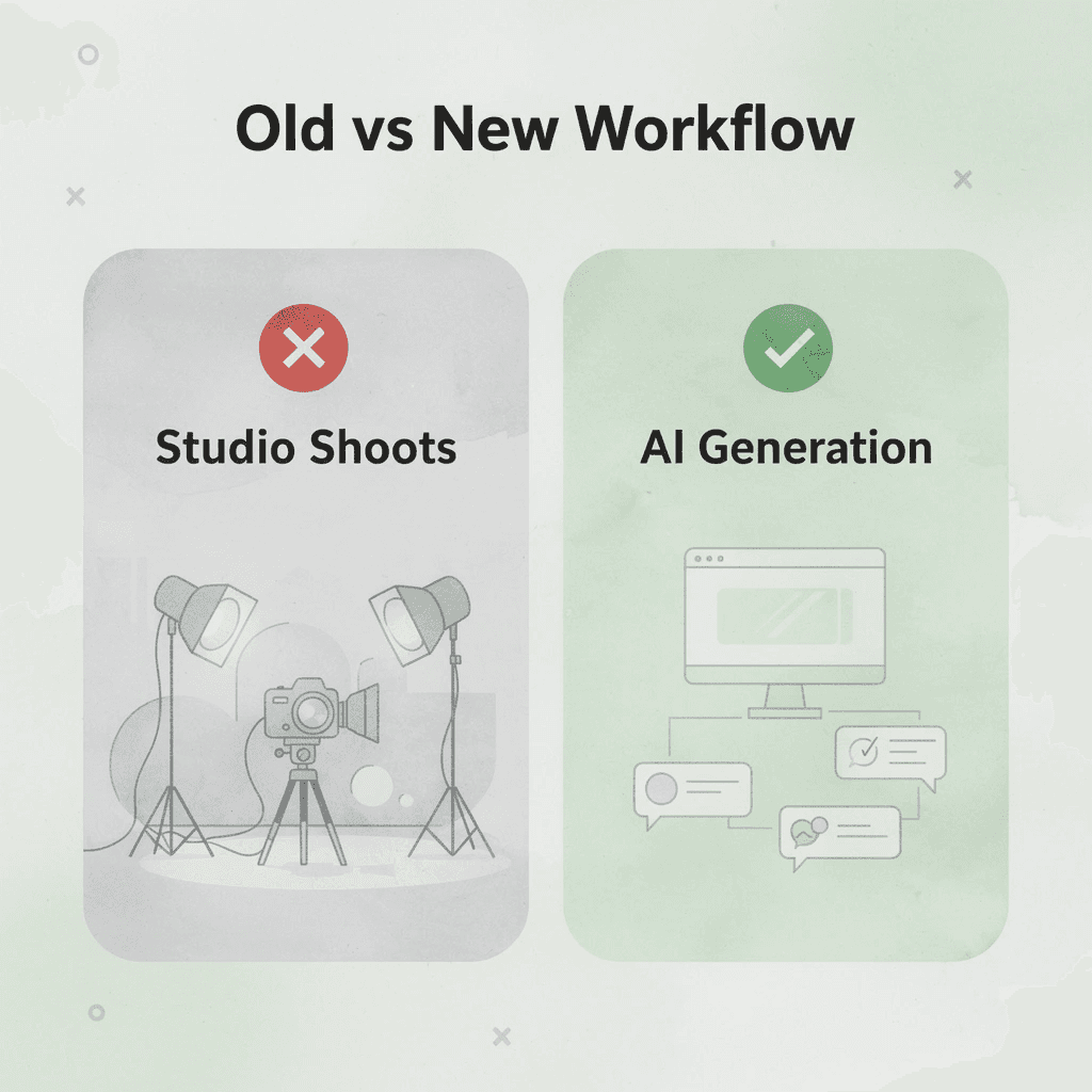 Before and after infographic comparing traditional studio shoots to AI-generated product photography