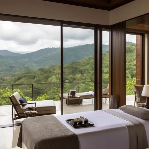 Luxury spa treatment room with a large window overlooking a lush green valley.
