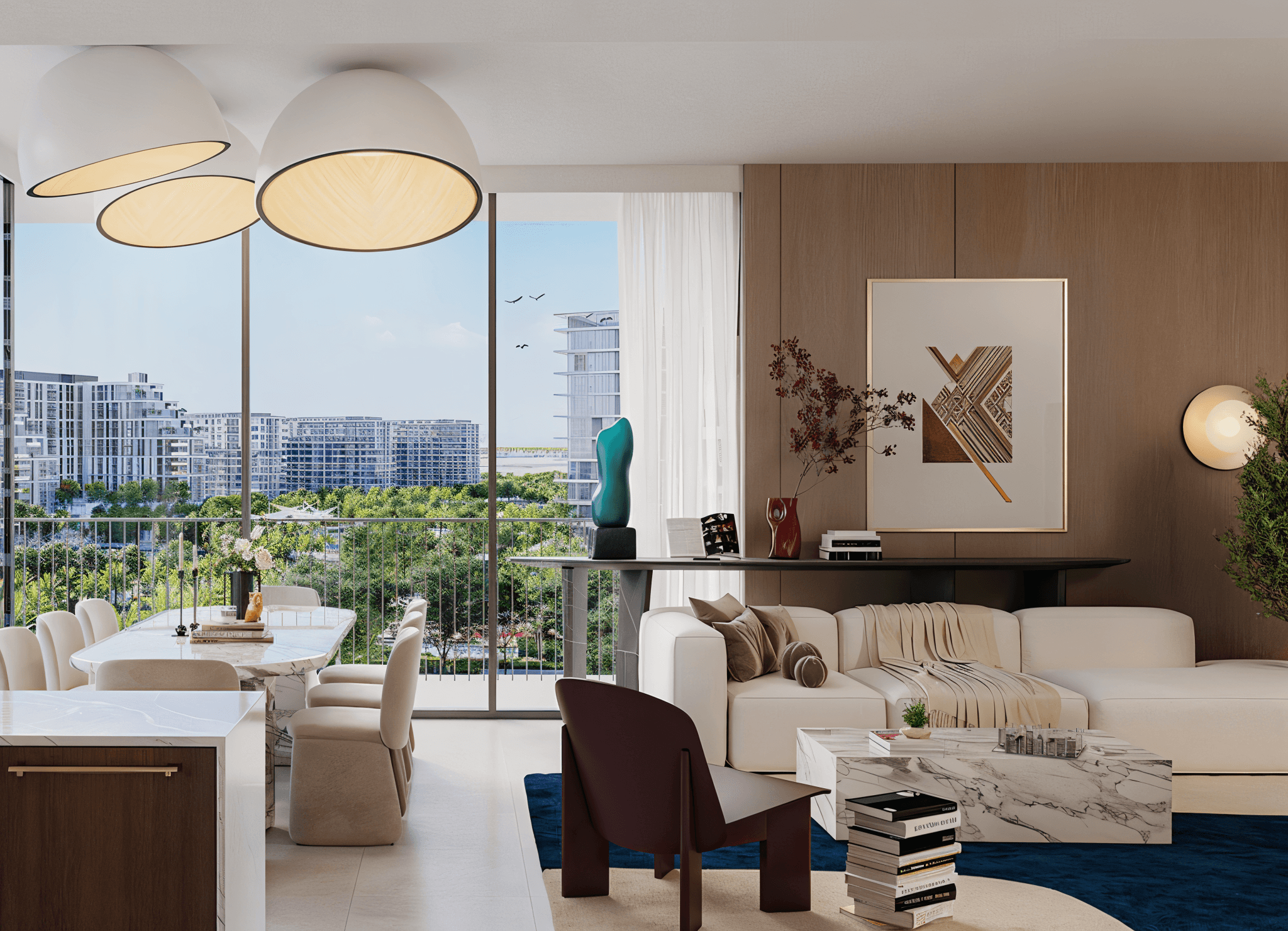 Modern living room with a dining table and chairs, designed for comfort in the Palace Residences Hillside.