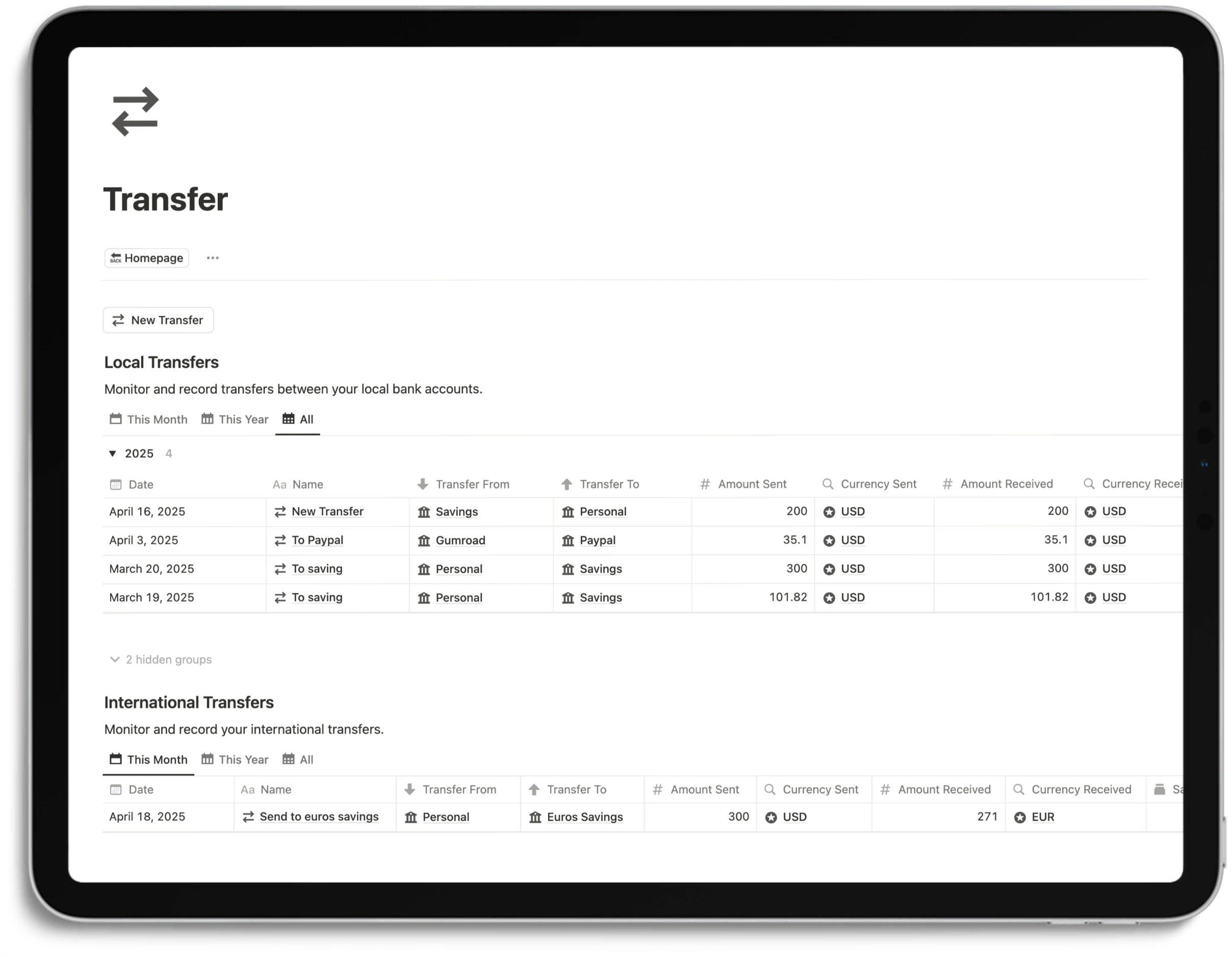 Notion Finance Tracker - Transfer