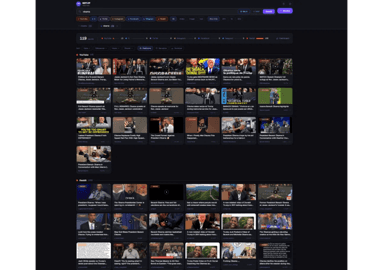 A multi-platform SaaS dashboard for social media intelligence using natural language processing (NLP). The screen displays curated content blocks from various networks, illustrating intelligent sorting, automated narrative grouping, and AI-driven content discovery tools designed to eliminate data overload for broadcasters.