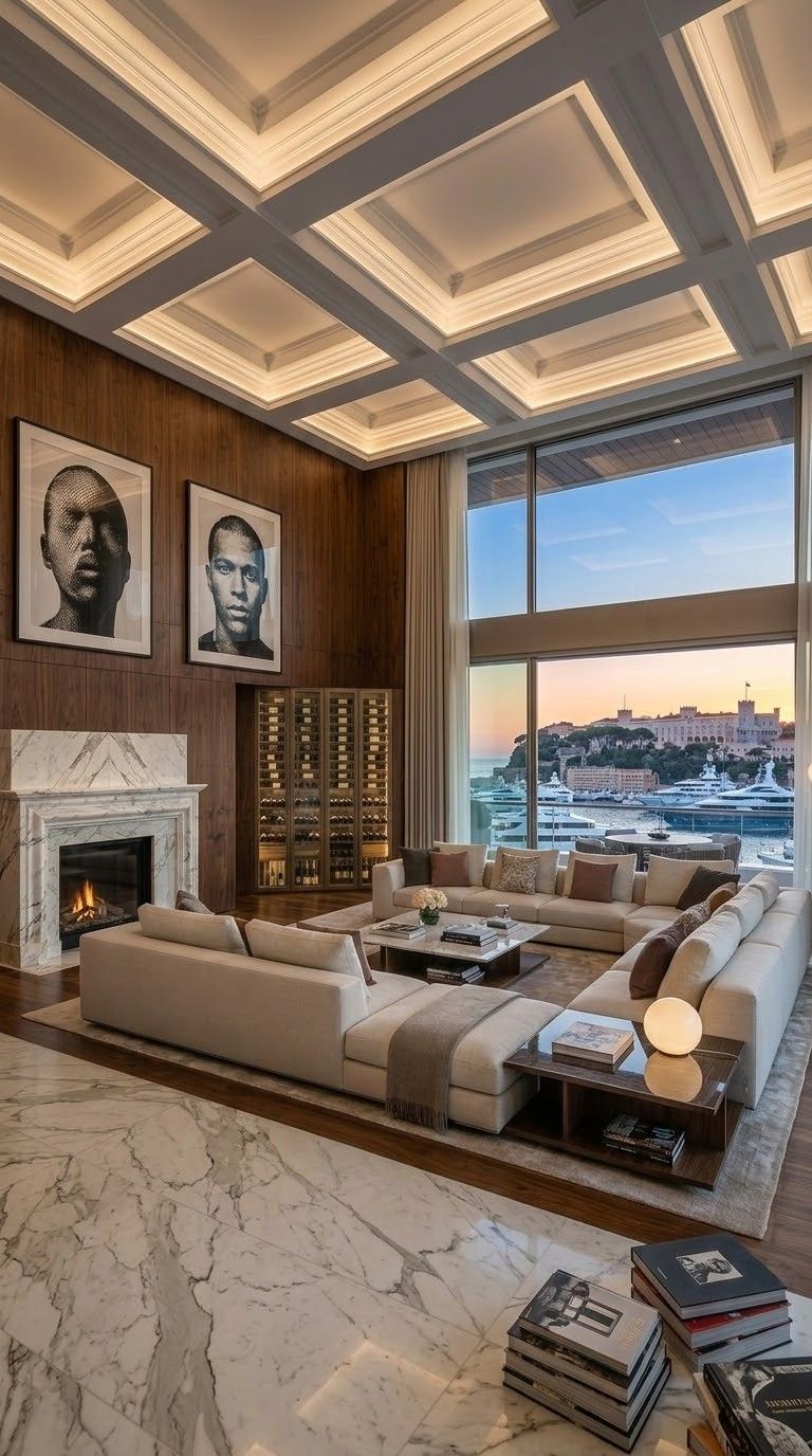 Salon de luxe contemporain avec cheminée en marbre, cave à vin vitrée et terrasse offrant une vue sur le Port de Monaco