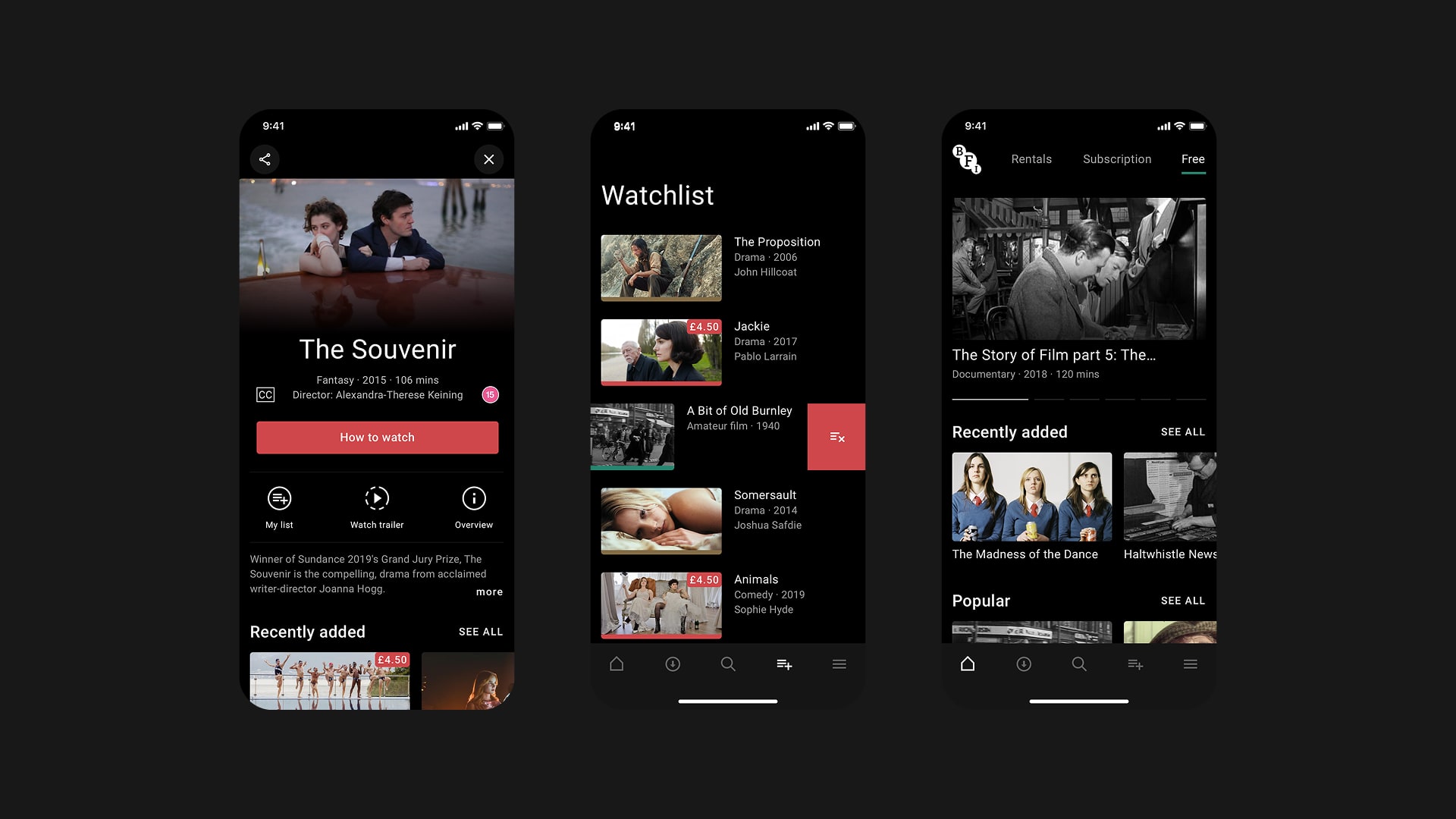 BFI Player mobile app showing film detail, watchlist, and browse screens