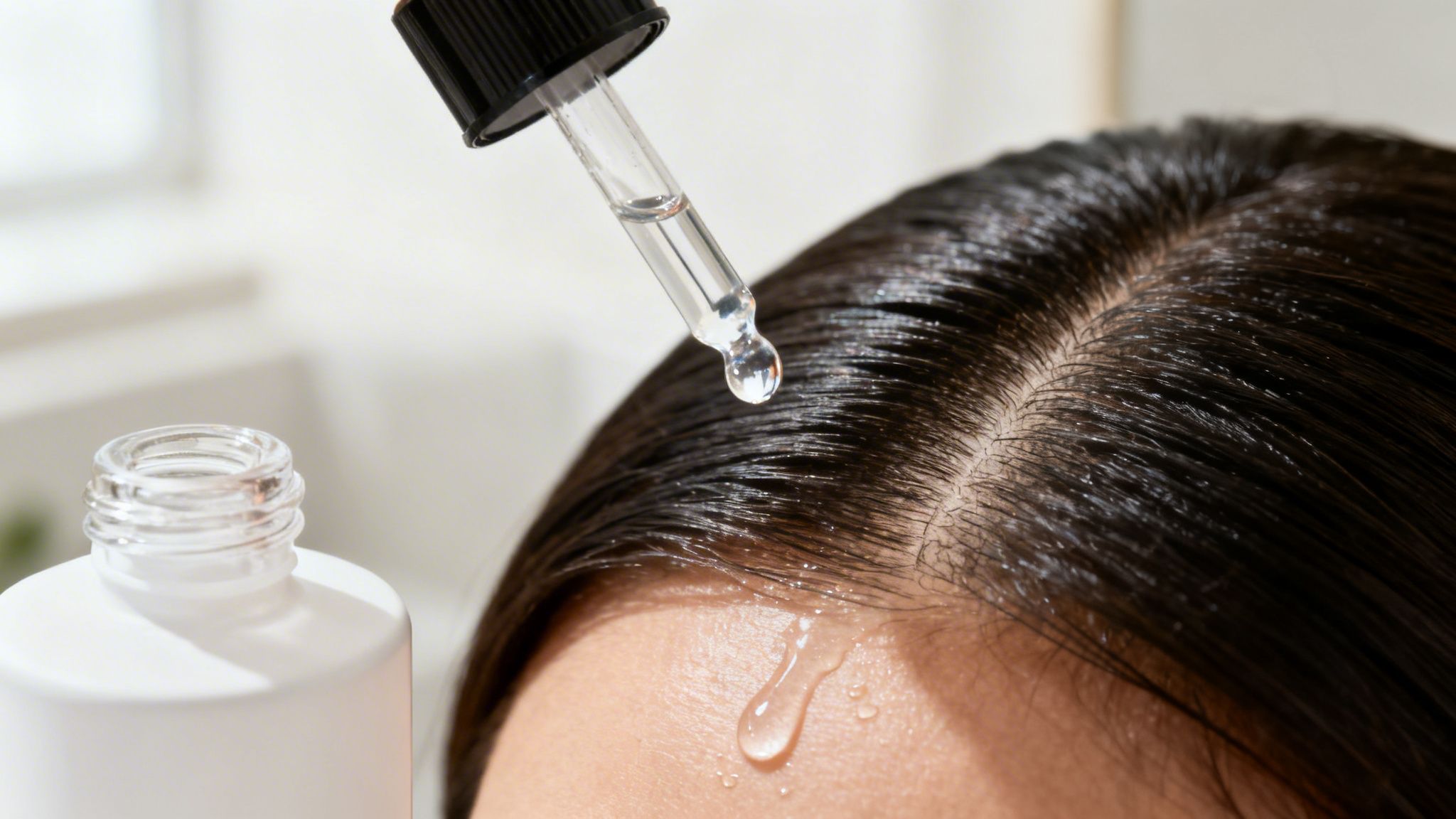 Close-up of a person applying clear liquid hair serum to their scalp with a dropper from a white bottle.