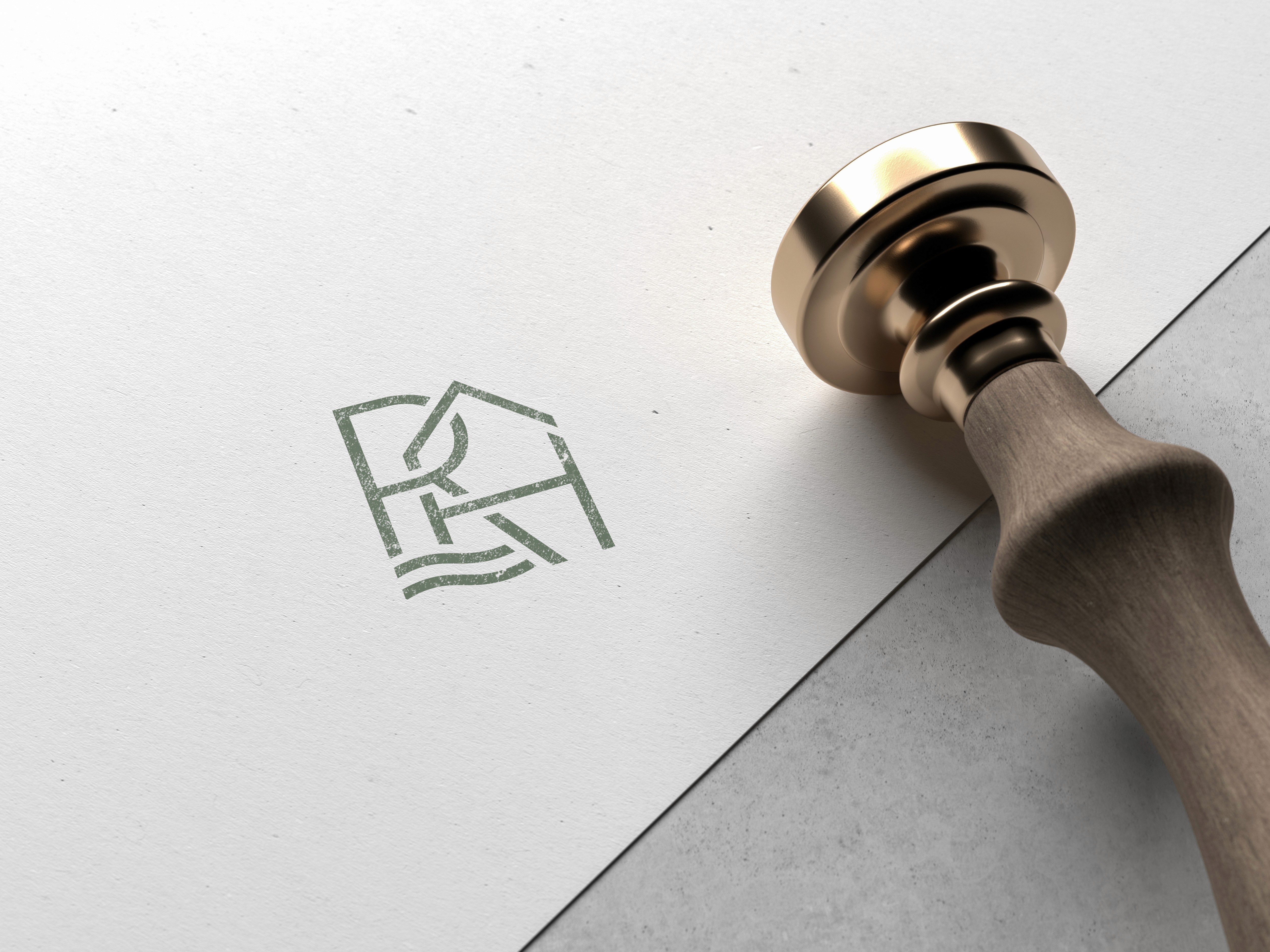 Graphic design mockup of a green stamp on a letter for Riverhill — modern, geometric brandmark logo integrating the brand name initials, a house, and a river, designed by Will Lefkovich.