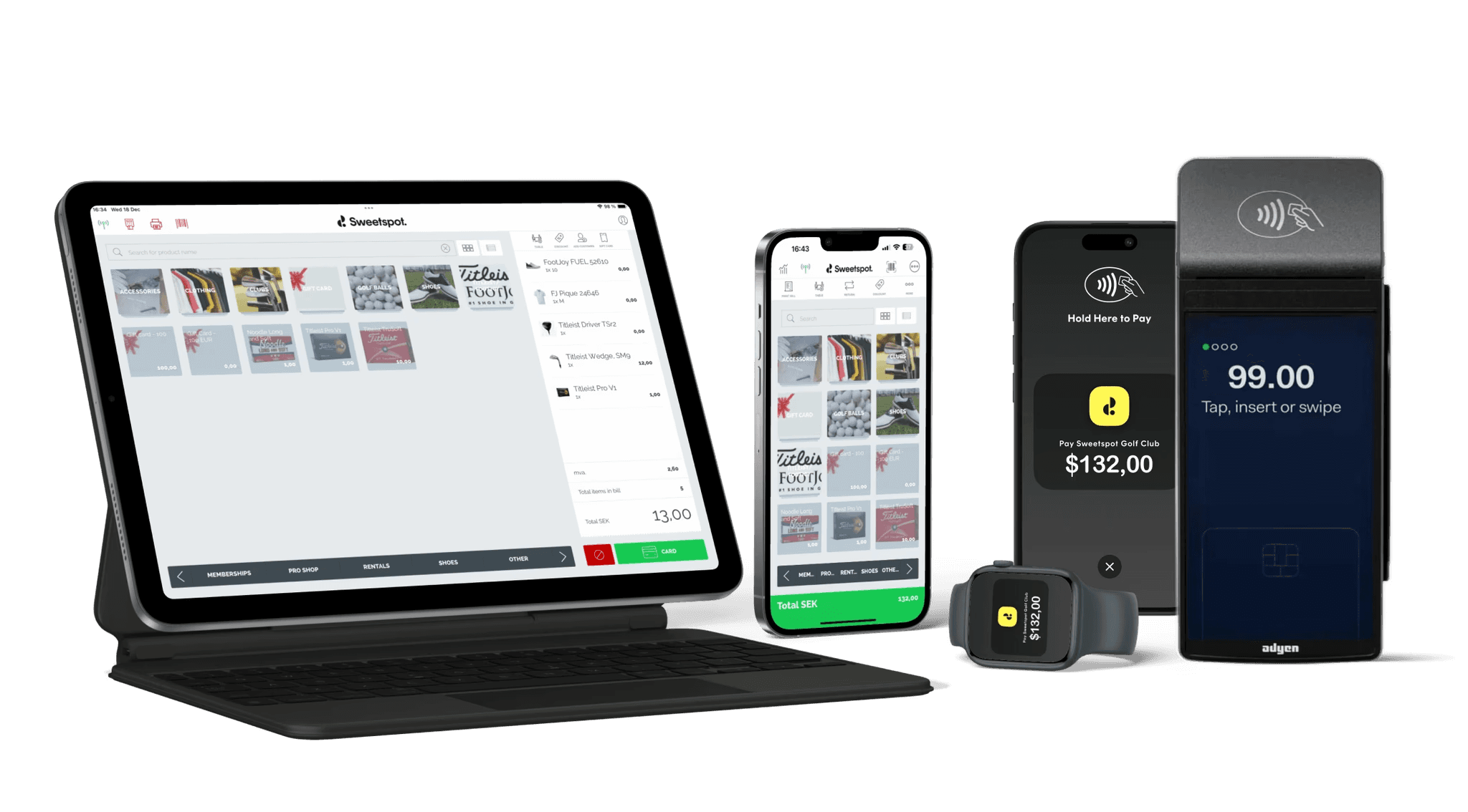Sweetspot POS on iPad, iPhone, Apple Watch and an Adyen terminal