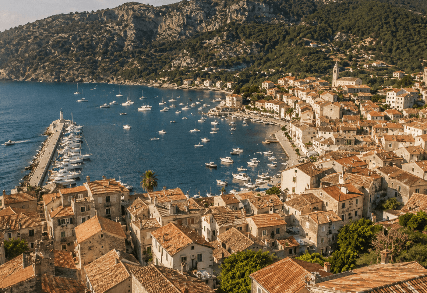 A high-angle, scenic view of a historic Mediterranean coastal town nestled against a lush, green mountainous backdrop. The foreground shows tightly packed stone buildings with signature terracotta tiled roofs. The deep blue sea forms a curved bay harbor filled with numerous white boats and yachts, bounded by a long stone pier and a white lighthouse on the left.