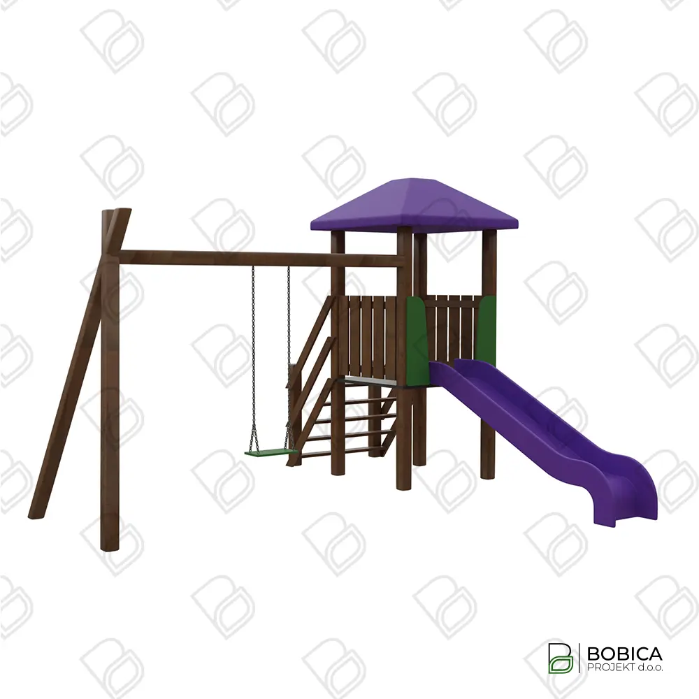 Drvena kućica za igranje s toboganom, ljuljačkom i krovom u boji za vanjske prostore - BOBICA PROJEKT