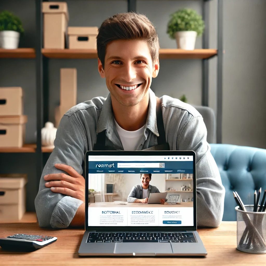 Small business owner sitting at their desk, smiling confidently while viewing their professional eCommerce website on a laptop in a bright and inviting workspace.