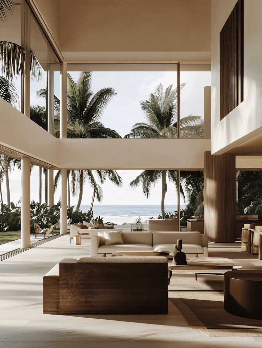 Bright living room with beach view: neutral tones,  sofas,  palm trees outside large windows