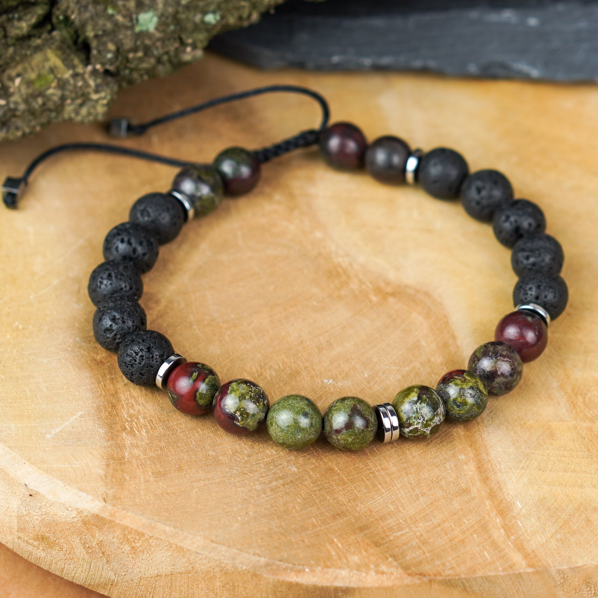 Elegancka męska biżuteria bransoletka talizman z jaspisem smoczym i lawą, minimalistyczny design