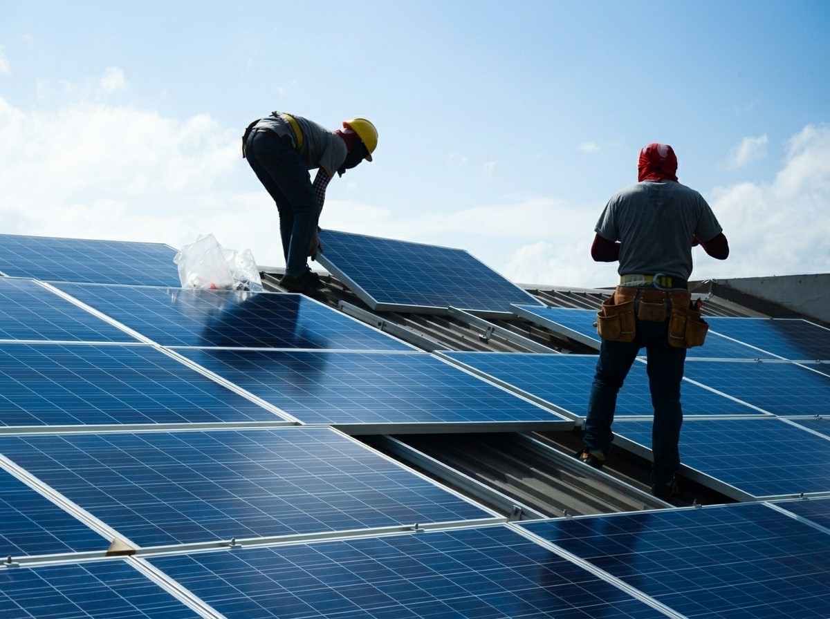 Two workers installing solar panel