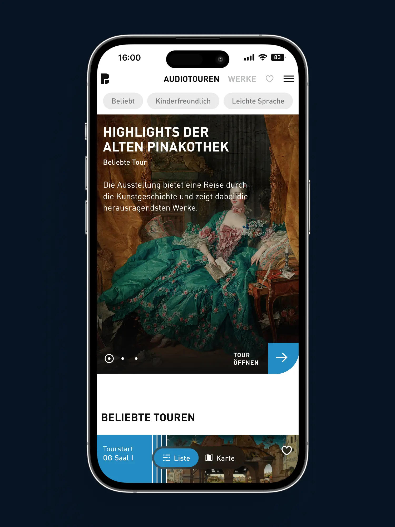 Smartphone zeigt Audiotouren-Bereich: Highlight-Tour „Highlights der Alten Pinakothek“ mit Bouchers „Madame de Pompadour“, Filter und Button „Tour öffnen“.