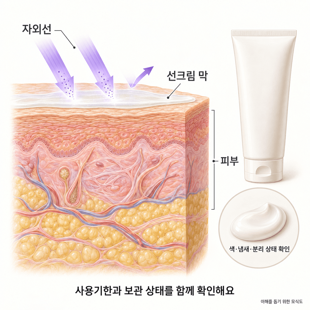 피부 위 선크림 막과 자외선 차단을 설명하고 보관 상태 확인을 안내하는 모식도