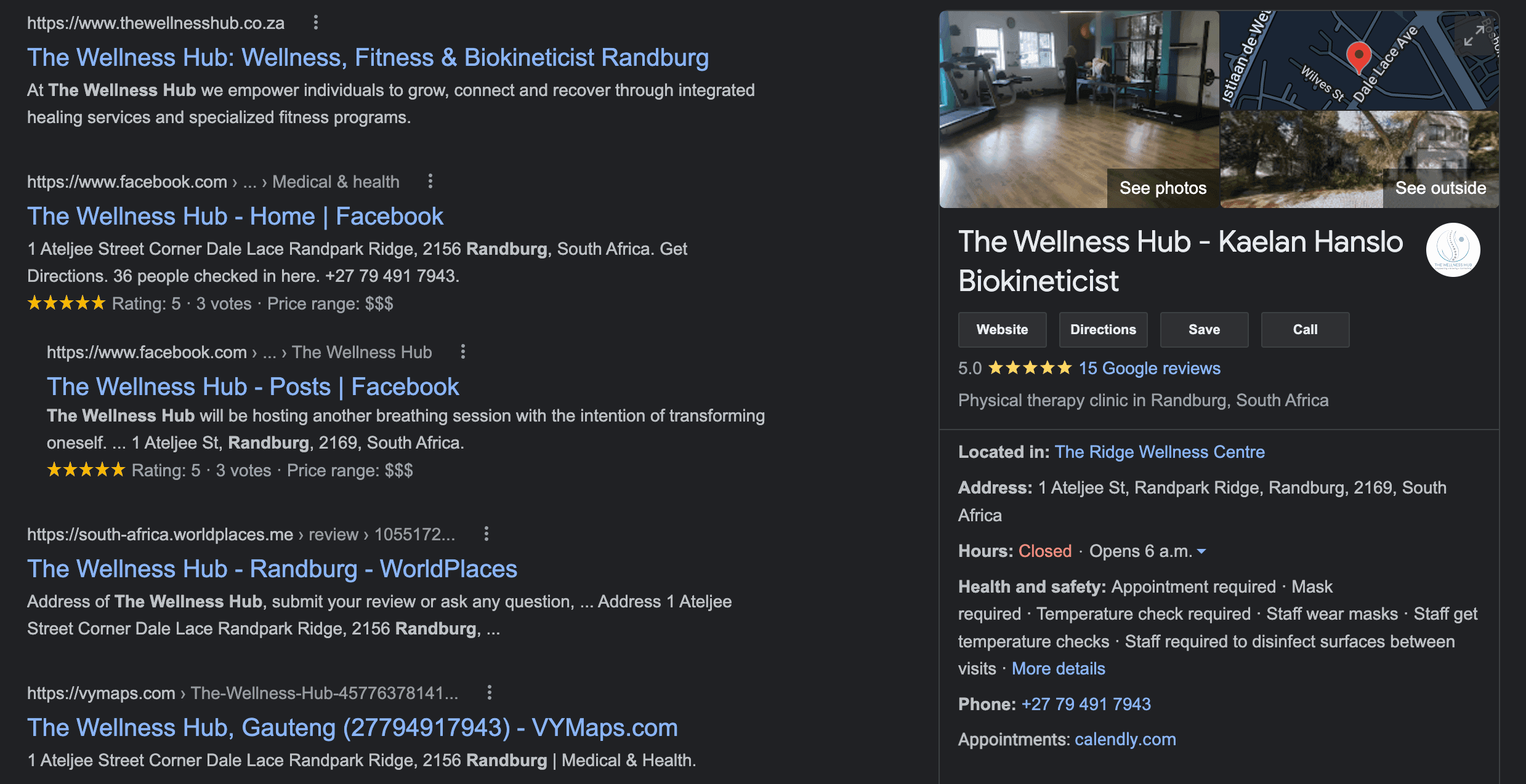 Google search results and Business Profile panel for The Wellness Hub