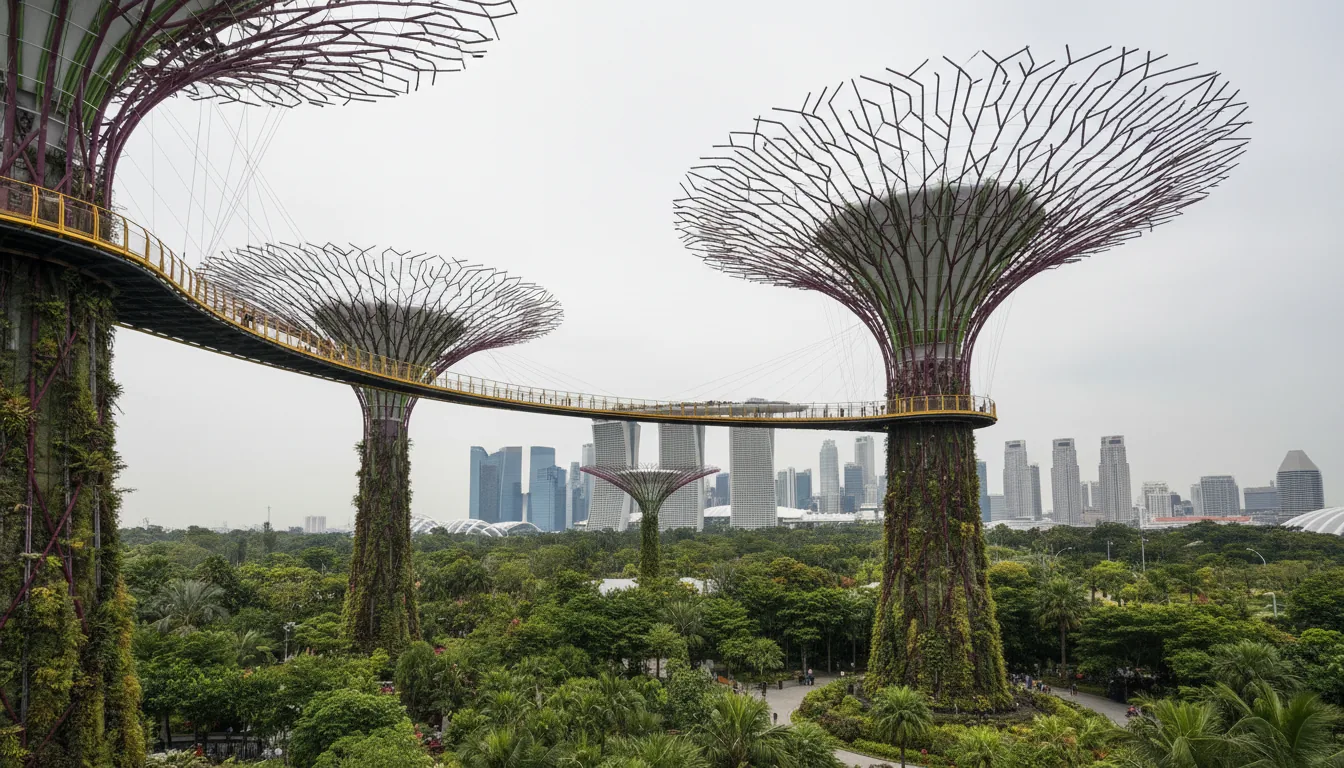 Wide-angle DSLR photograph taken from the OCBC Skyway at the Supertree Grove, Gardens by the Bay, Singapore. The shot captures the curving yellow walkway leading between the iconic giant Supertree structures with their intricate metal canopies. In the background, the Marina Bay Sands hotel and the city skyline are visible under a pale, overcast sky. Below the walkway is a lush, dense green forest. Natural daylight, sharp focus with deep depth of field.