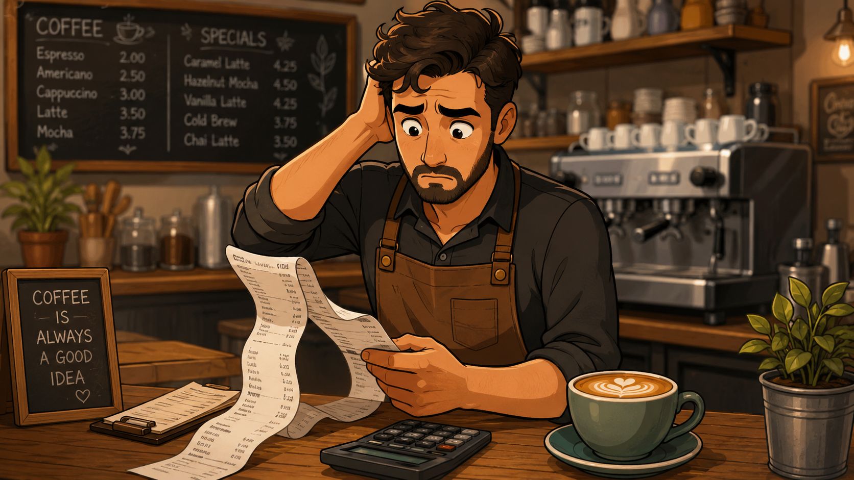 Ilustración de un dueño de cafetería preocupado revisando las cuentas de una promoción mal calculada en su negocio.