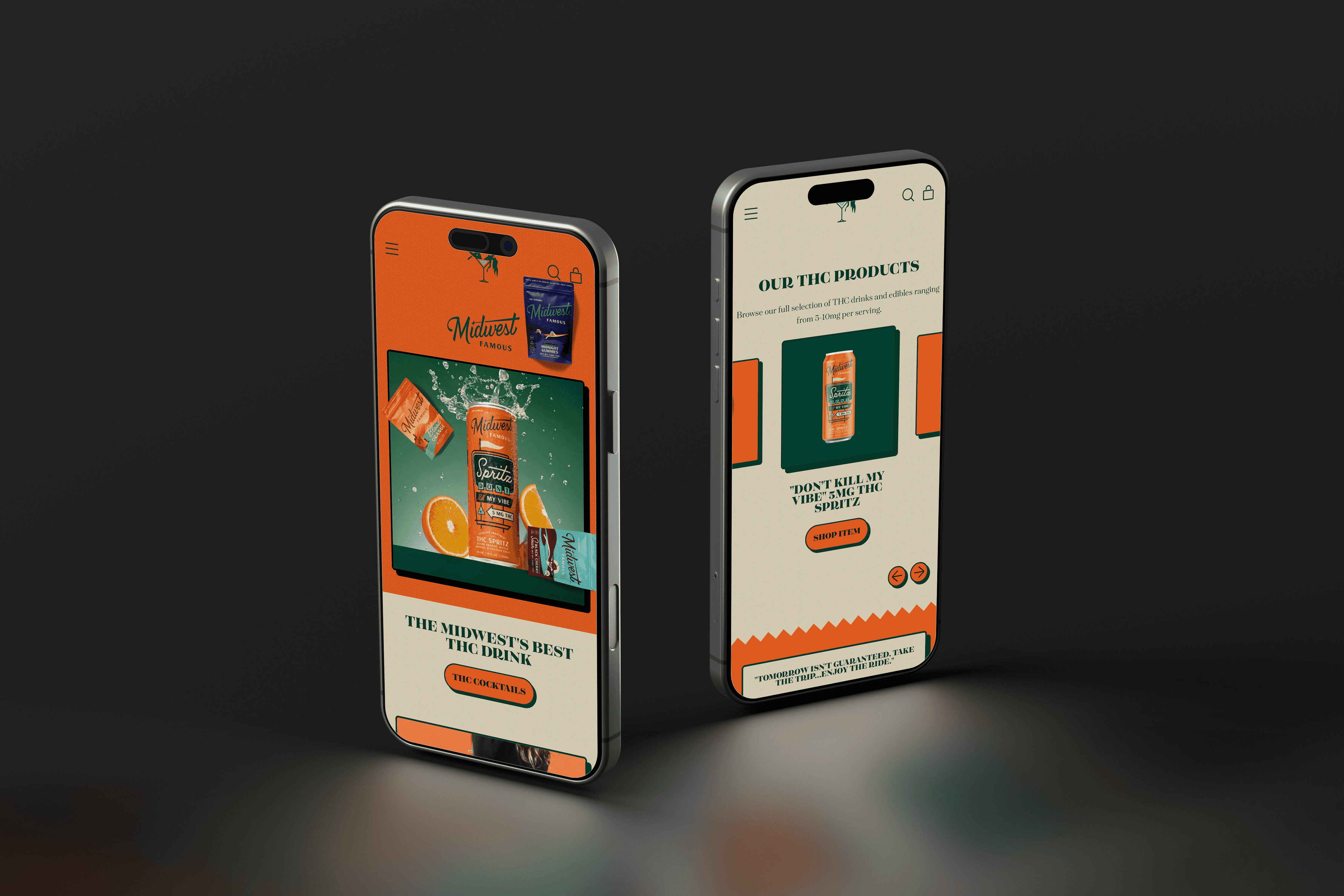 two phones in a dark room displaying a website on different pages