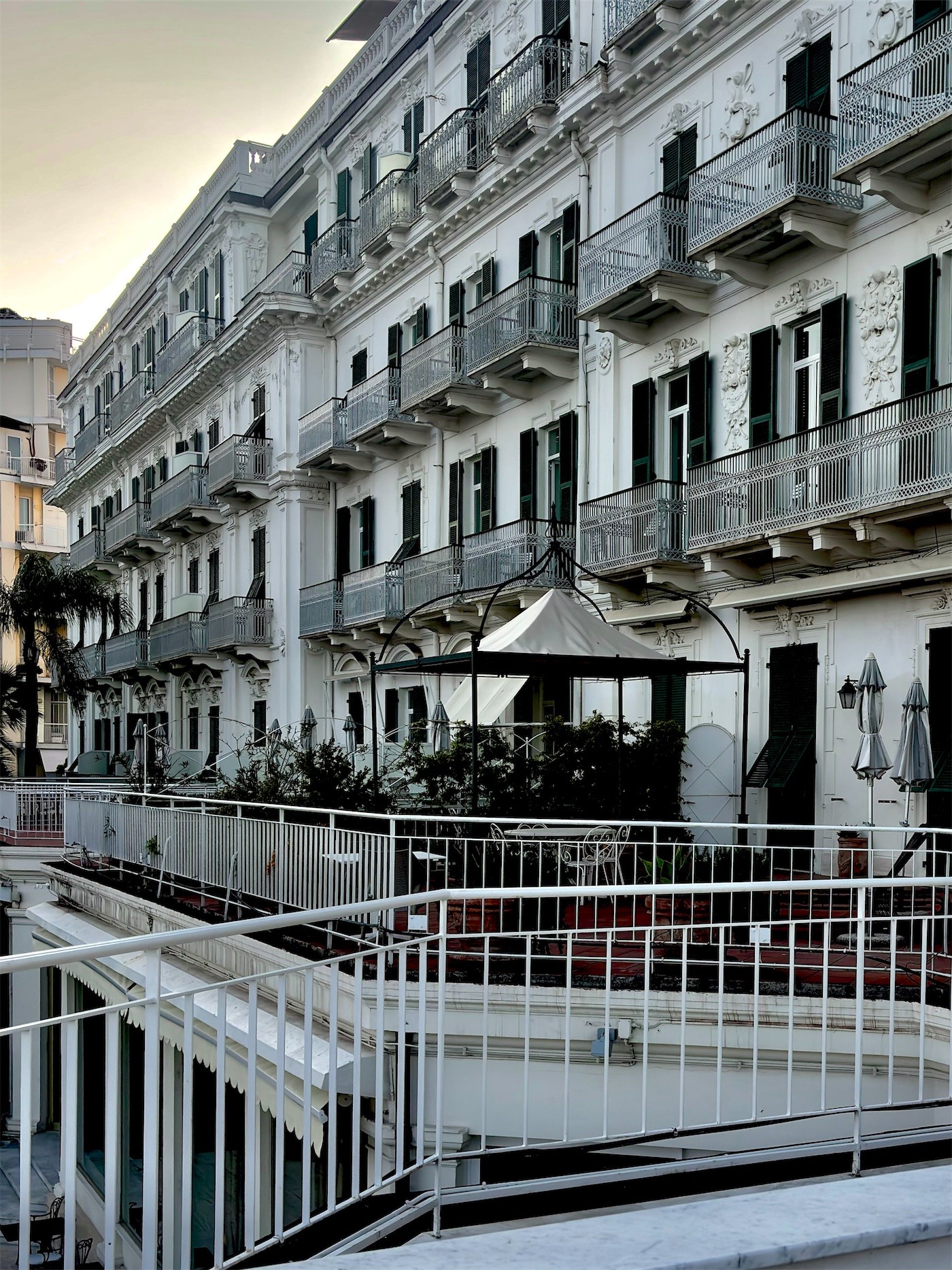 The white balconies of a grand hotel in Sanremo