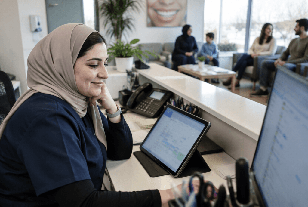 Dental receptionist relaxed at a quiet front desk while a tablet shows a full schedule
