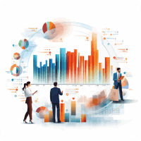 Business Intelligence: Co-workers surrounded by a sphere of data images