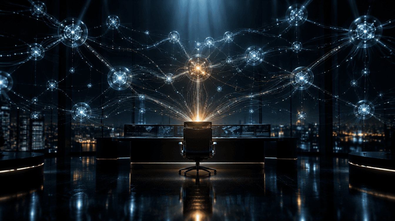 Abstract security operations room at night with a glowing network of interconnected nodes converging on an empty console chair