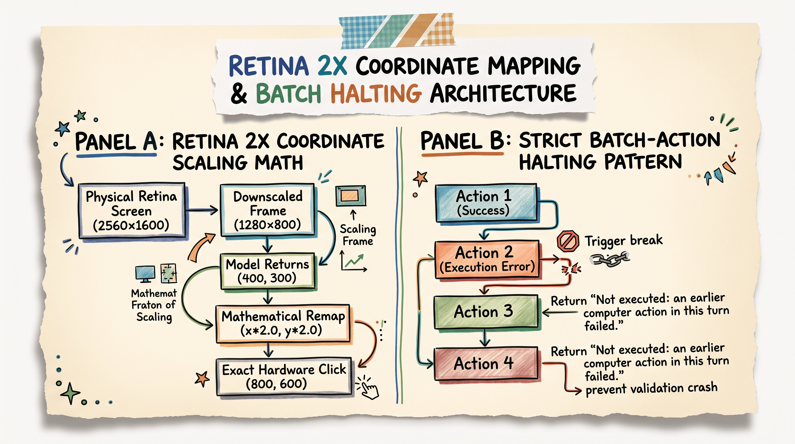 Technical architecture diagram showing Retina 2x coordinate scaling math and strict batch action halting fallback workflow