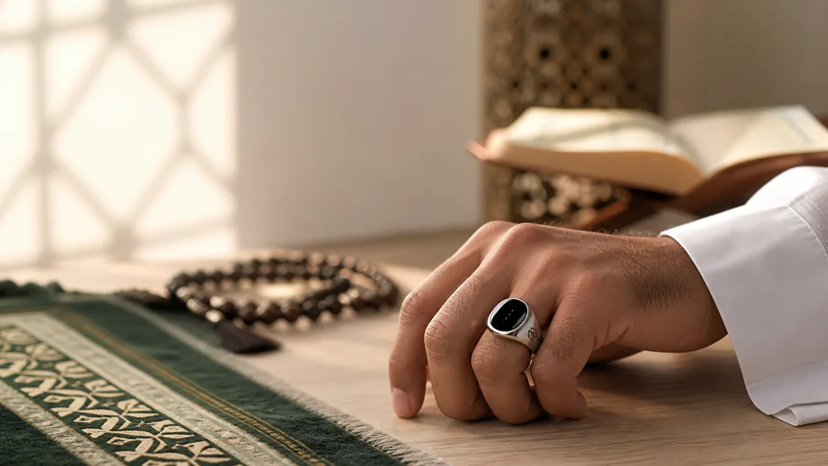 A Muslim man wearing a silver smart tasbih ring permitted in Islam