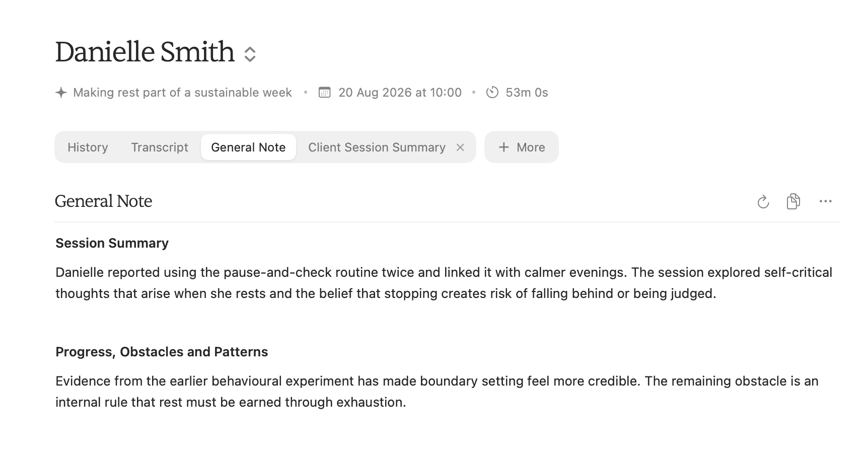Danielle Smith’s completed session with its General Note open.