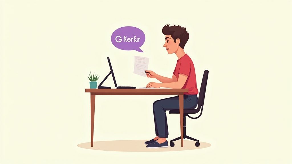 Eine Person schreibt an einem Laptop an einem Holtzisch, was den Prozess des Verfassens eines überzeugenden Bewerbungsschreibens symbolisiert.