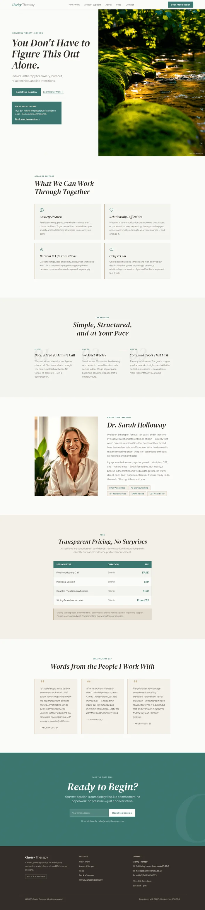 Lovable-generated Clarity Therapy therapist site in sage teal and warm white