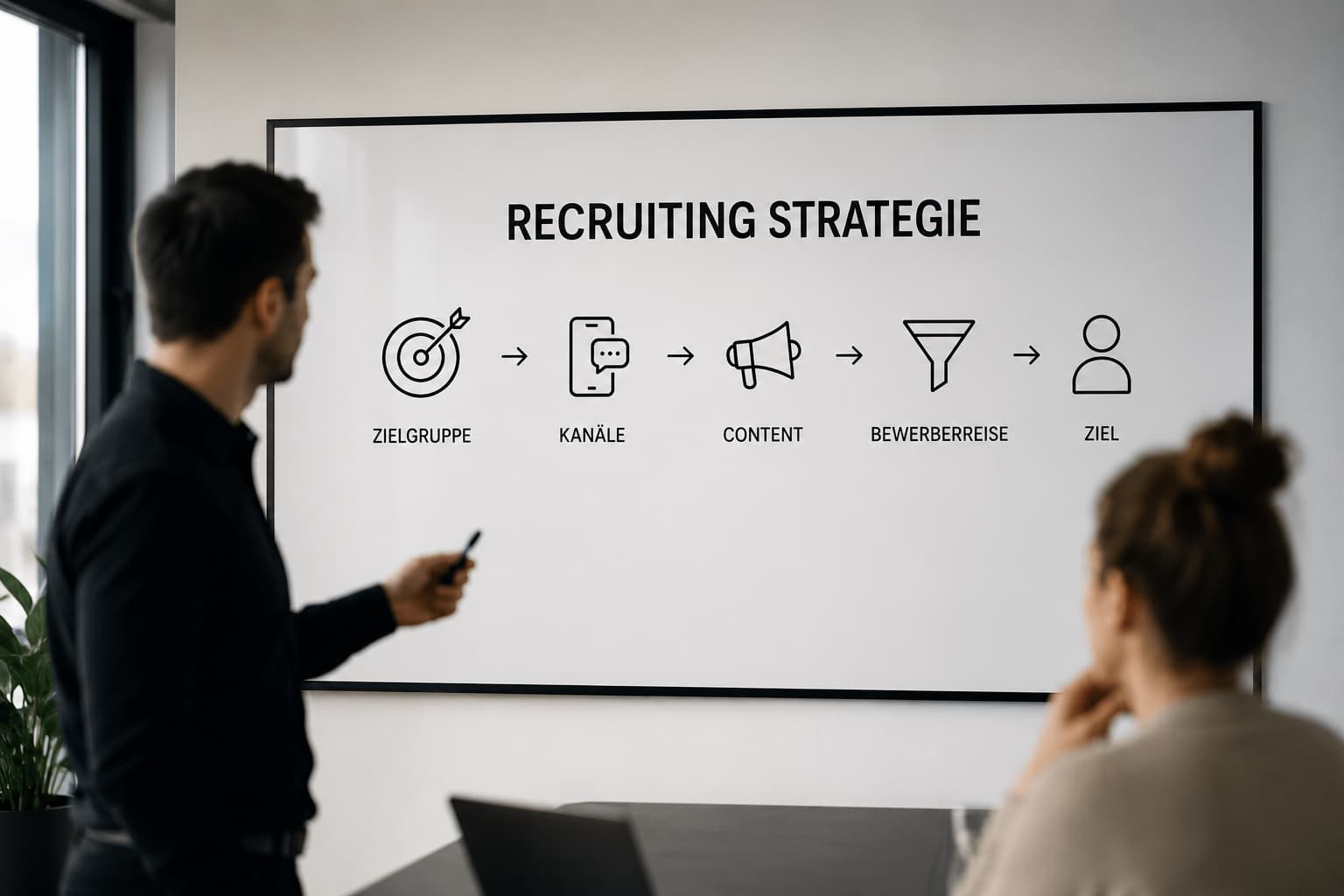 Grafische Darstellung einer Recruiting Strategie mit Zielgruppenanalyse, Bewerberansprache und Kampagnenplanung. Das Bild steht für Social Recruiting, Arbeitgeberpositionierung und strategische Mitarbeitergewinnung.