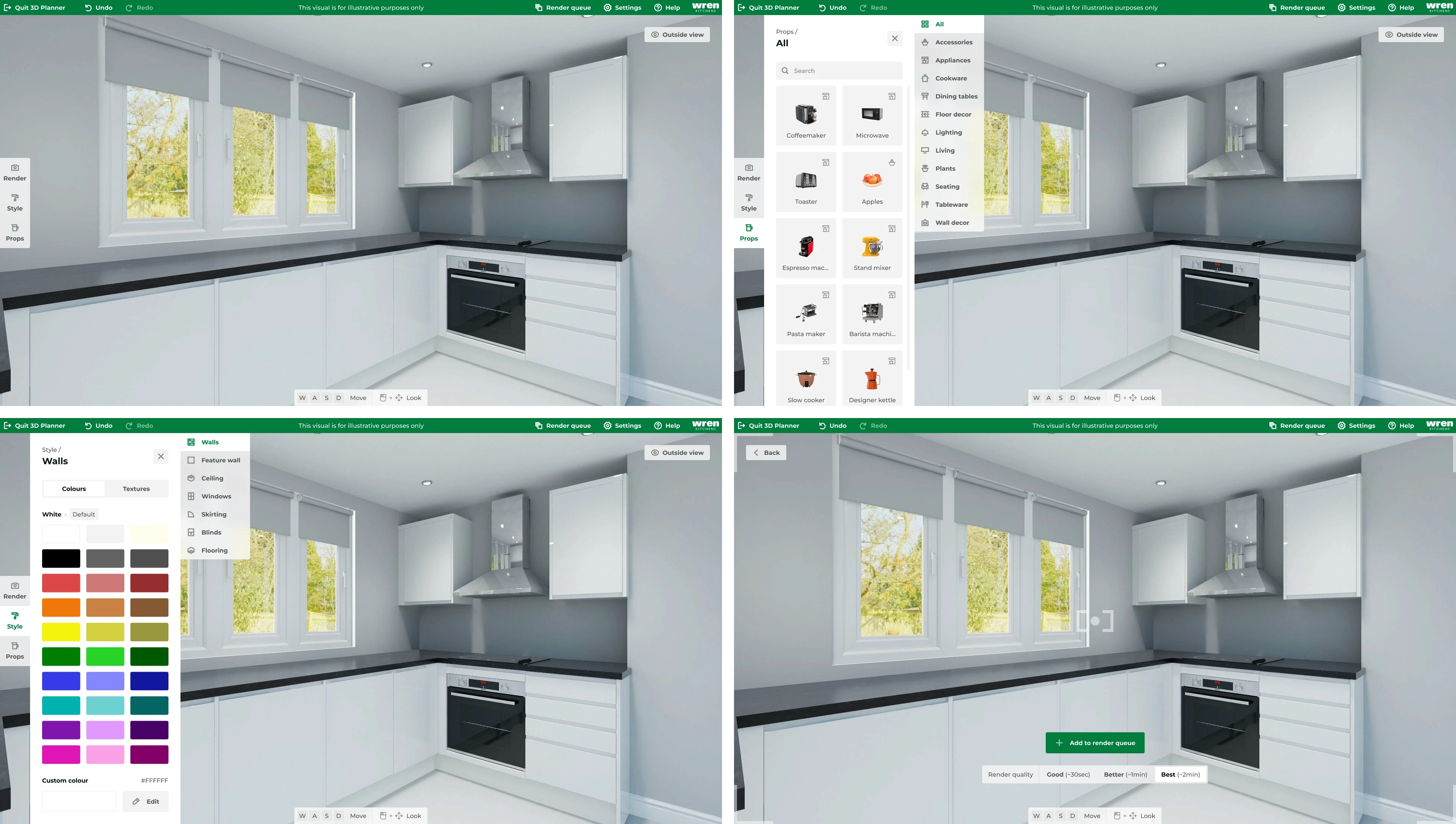 Compilation of the first high-fidelity drafts of a 3D kitchen planner, showcasing customization options for colors, props, and rendering settings.