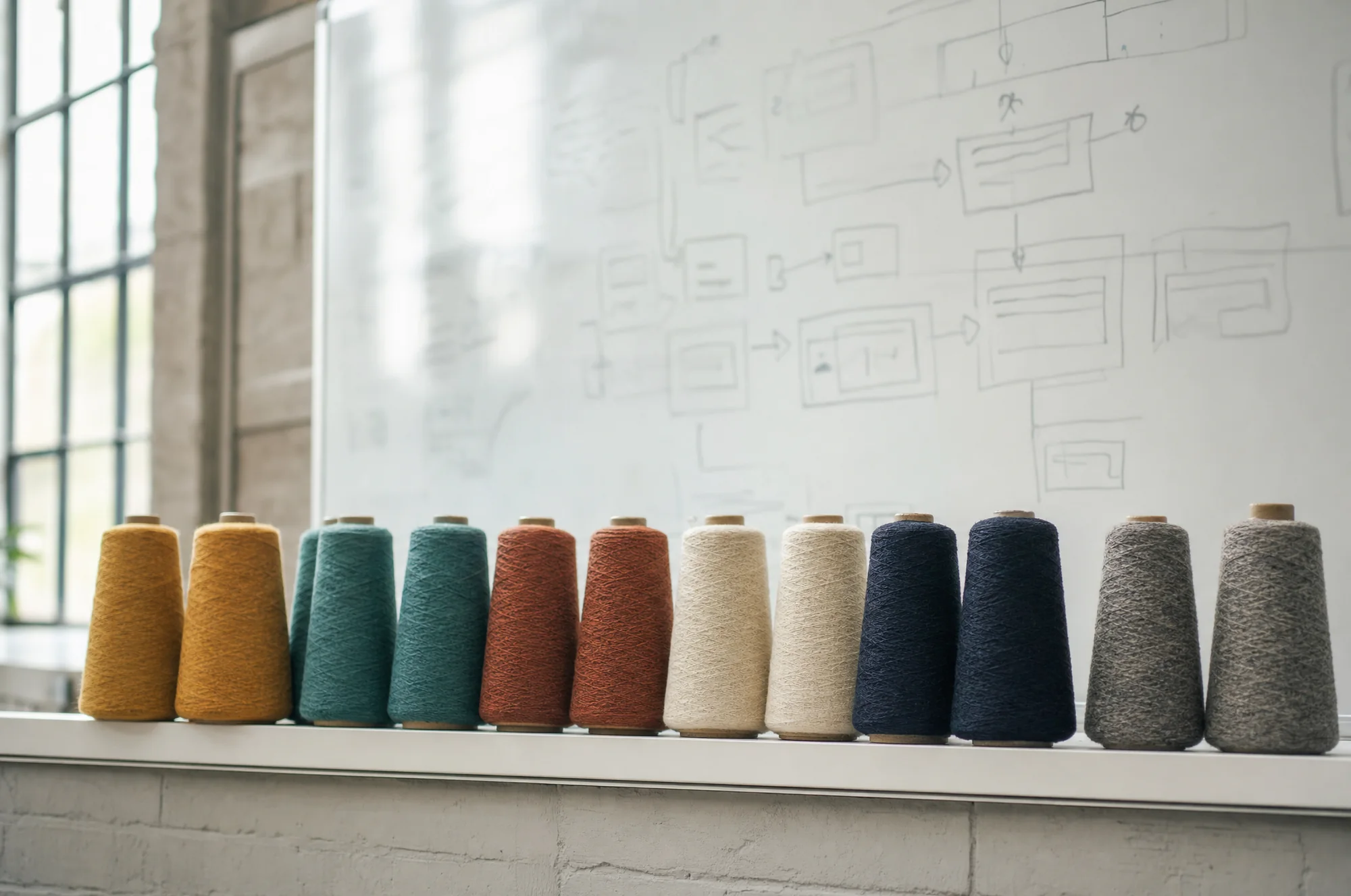 Twelve cones of coloured yarn lined up on a whiteboard ledge