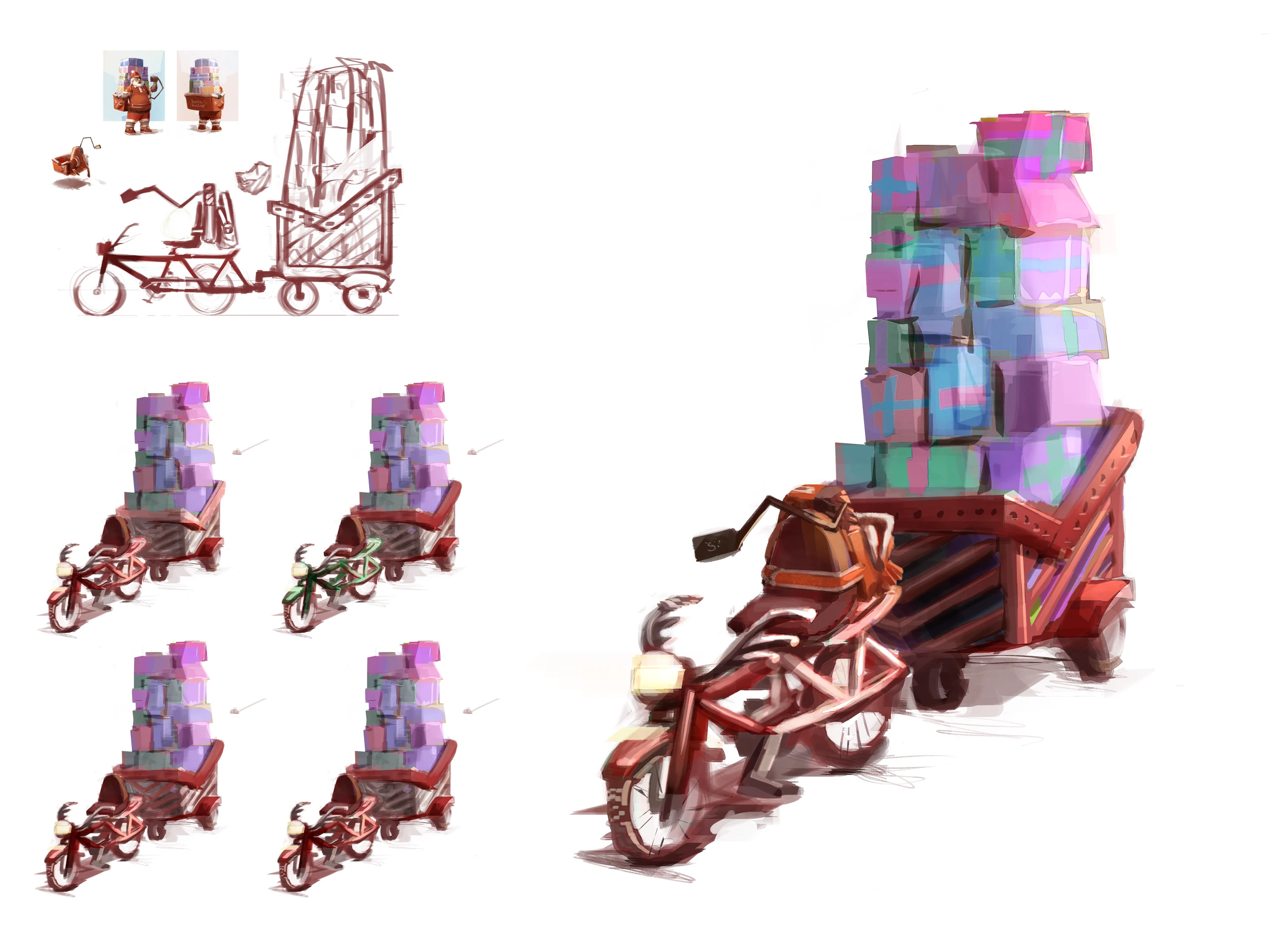 Concept alternatives for a cargo bicycle able to transport a large stack of gifts.