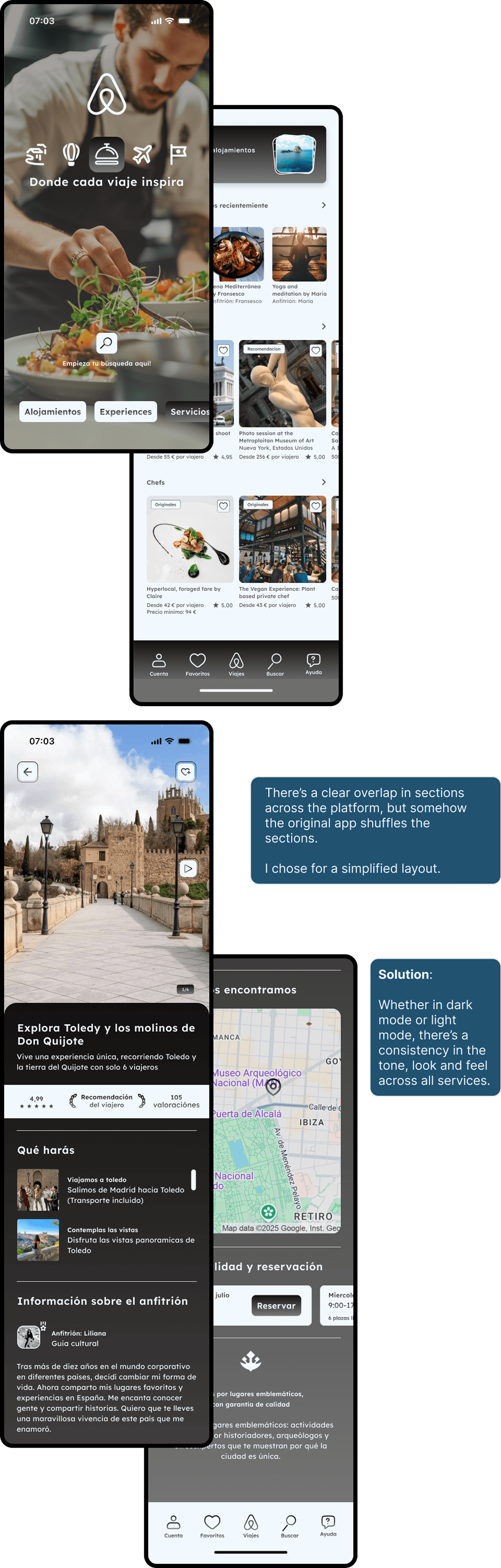 Group of redesigned app screens displaying harmonized layouts and consistent navigation for services, experiences, and accommodations. Includes annotated usability notes discussing section overlaps, simplified layouts, and the use of consistent tone and structure across all app services.