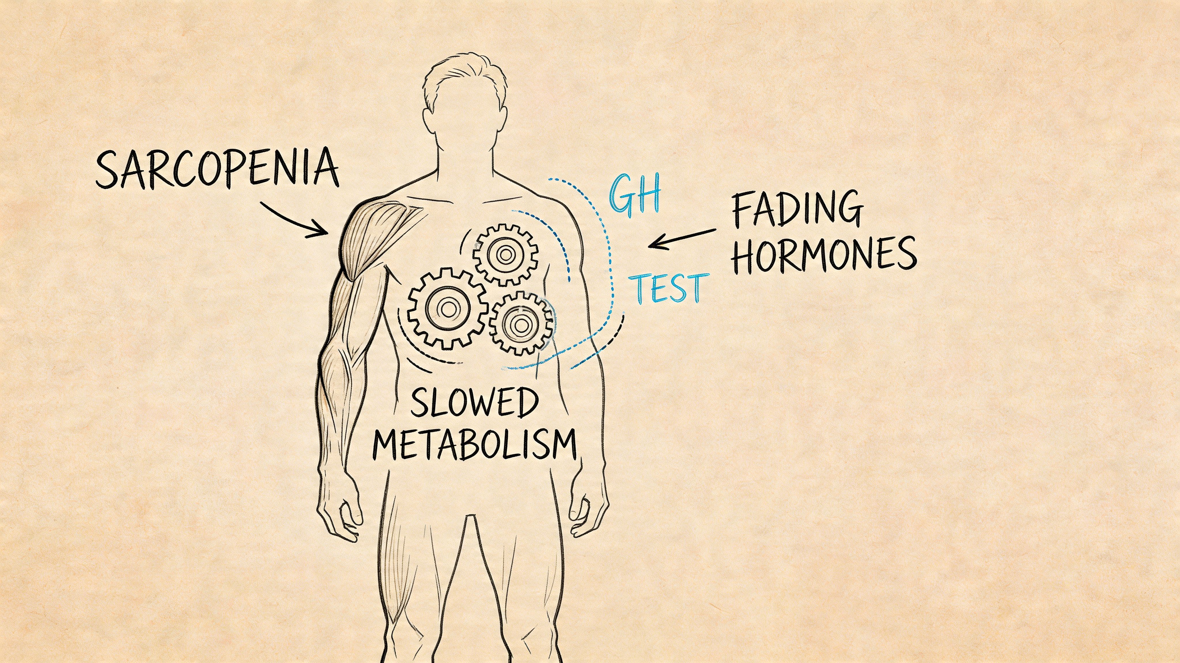 A diagram illustrating age-related physiological changes including sarcopenia, slowed metabolism, and declining growth hormone and testosterone levels.