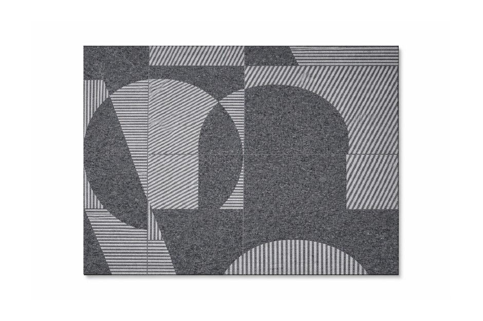 Moderna stone tile with abstract geometric pattern combining curved and linear textures in grey surface for outdoor flooring