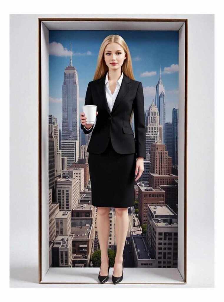 AI CEO Barbie with coffee in city box – ai barbie trend inspired look