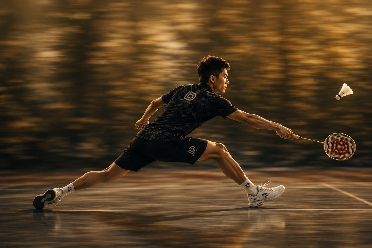 Badminton player lunging on a high-grip indoor court surface