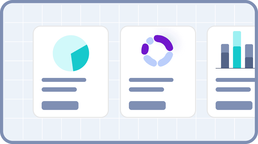 Three illustrated cards displaying different types of graphs: a pie chart, a donut chart, and a bar graph, with descriptive text below each graph.