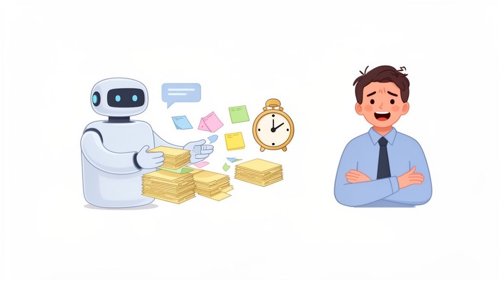 An AI robot efficiently processes documents with sticky notes and a clock, while a happy man observes.