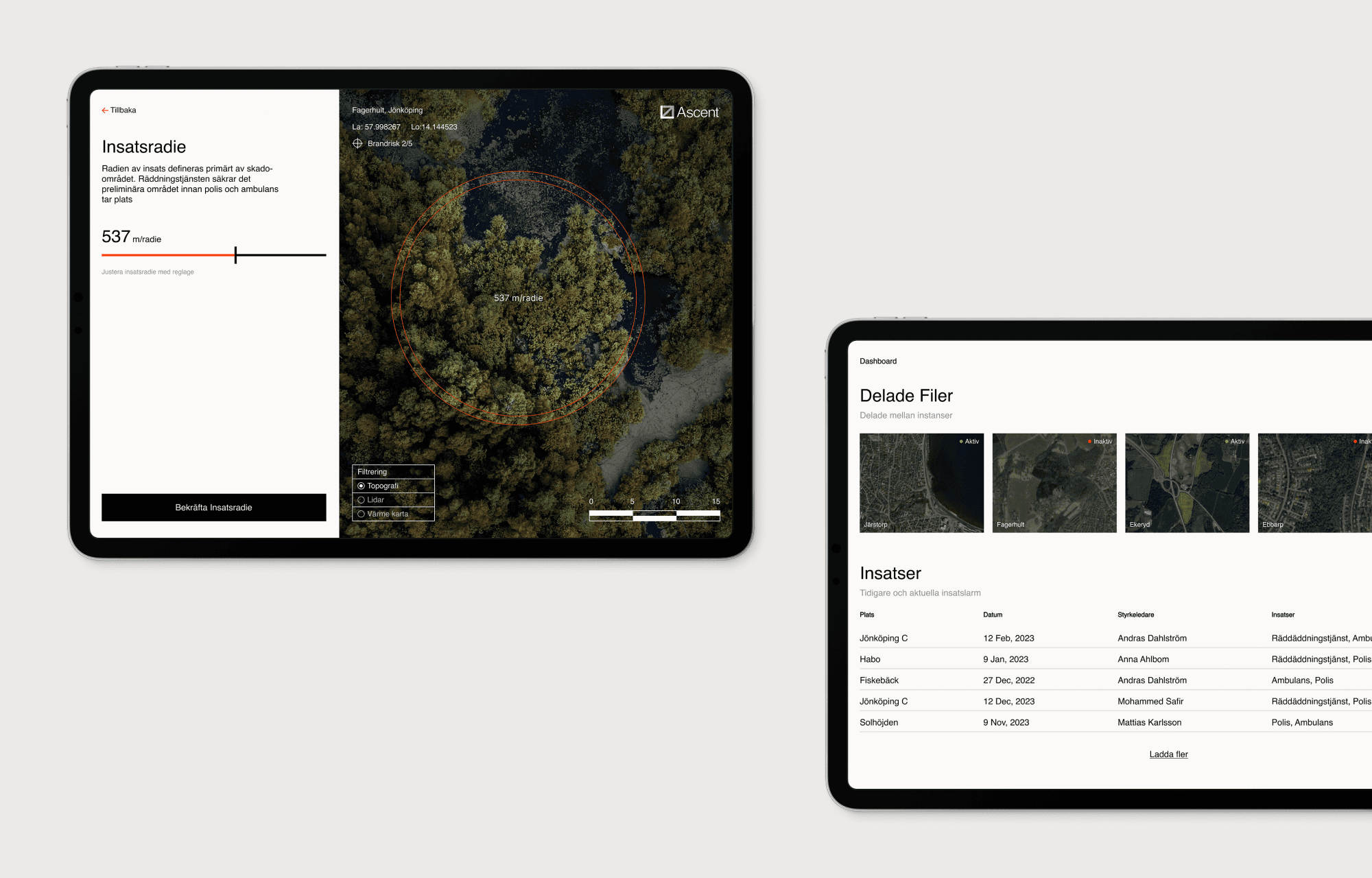 two ipads displaying ascent UI