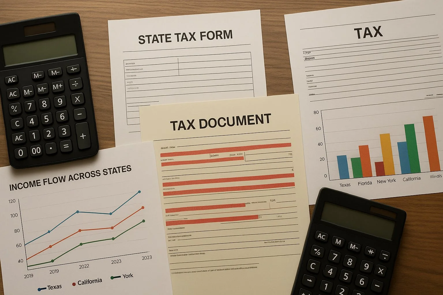 Overhead view of a desk with calculators, state tax forms, and charts showing income flow, with some documents highlighted in red to indicate double taxation.