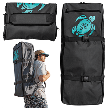 SnapBack paddleboard carrying bags, including a backpack shown being worn.