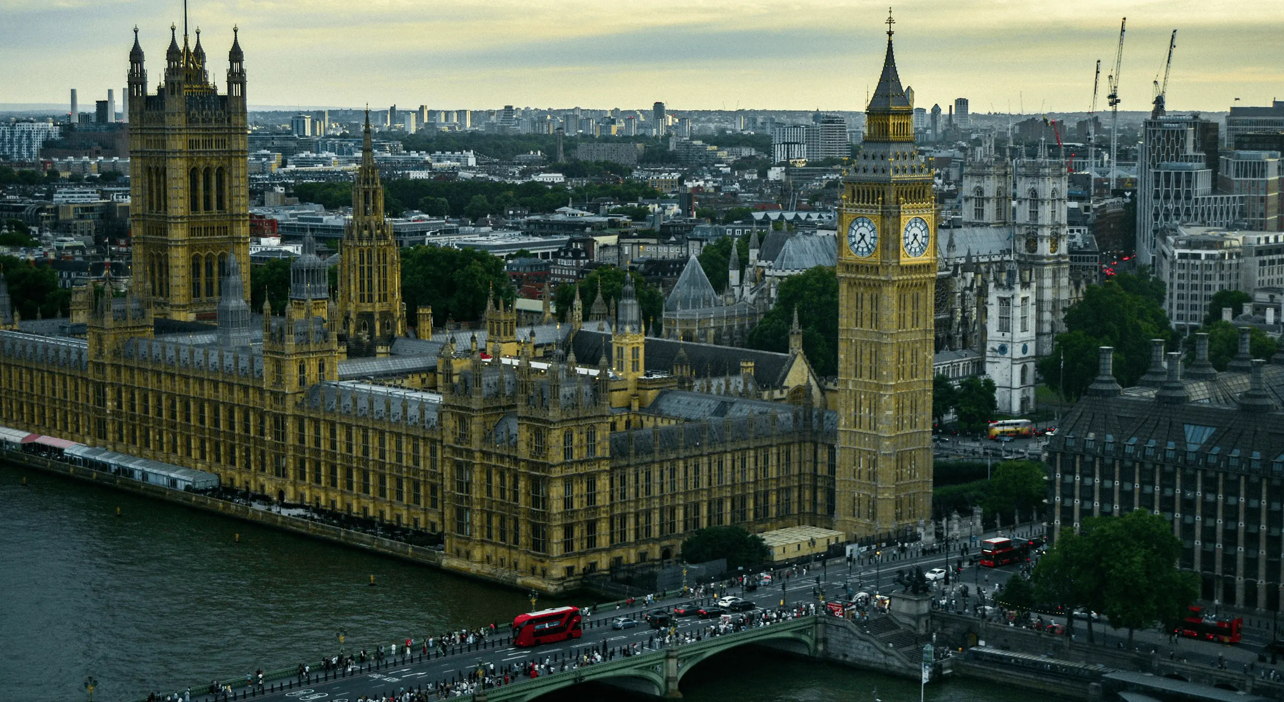 Aerial view of Big Ben and the Houses of Parliament in London.