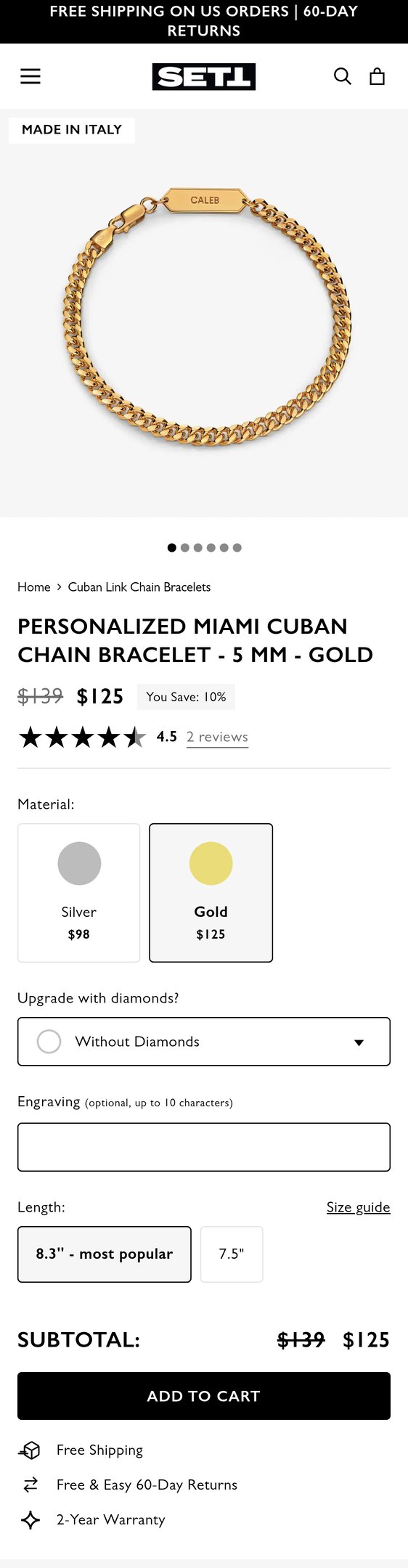 Jewelry product options include: bracelet, chain for Personalized Miami Cuban Chain Bracelet - 5 mm - Gold from SETT&Co.