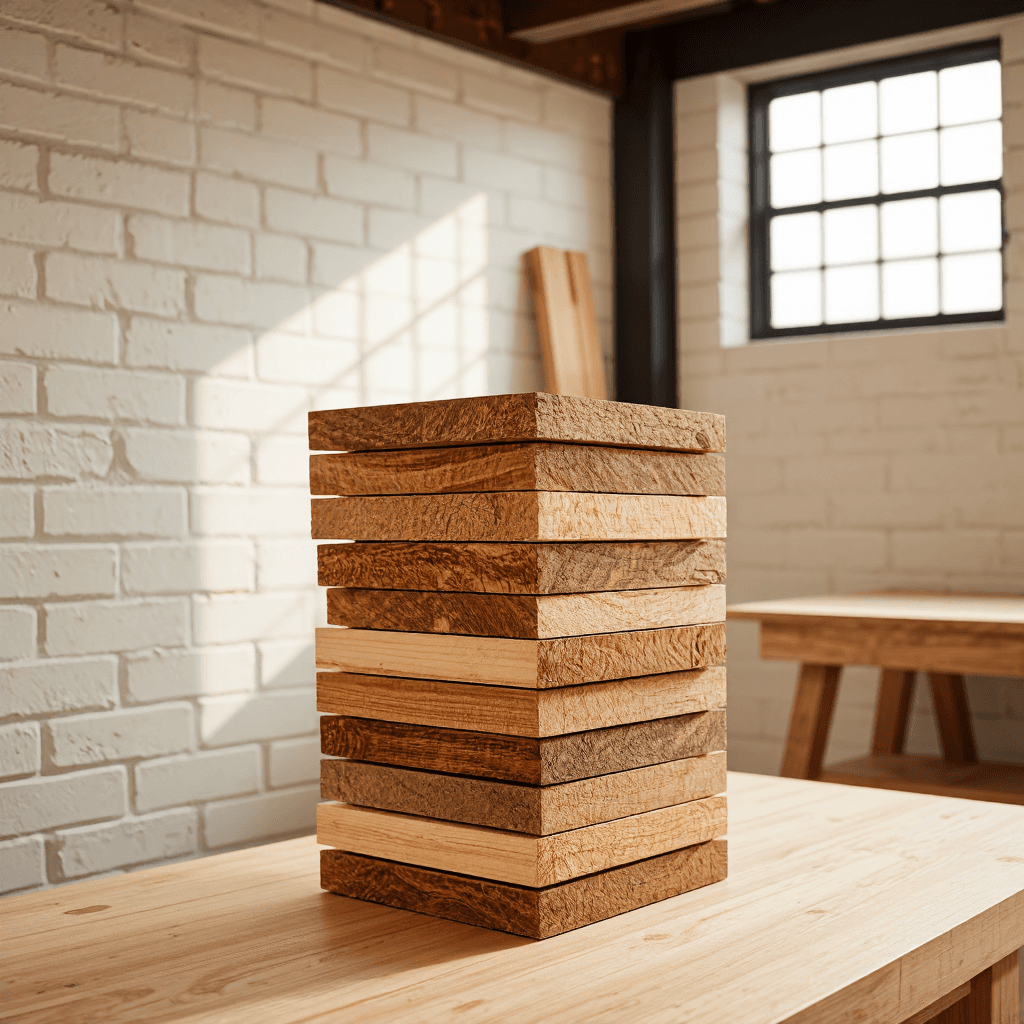 product photography of a set of wooden planks used for construction or woodworking